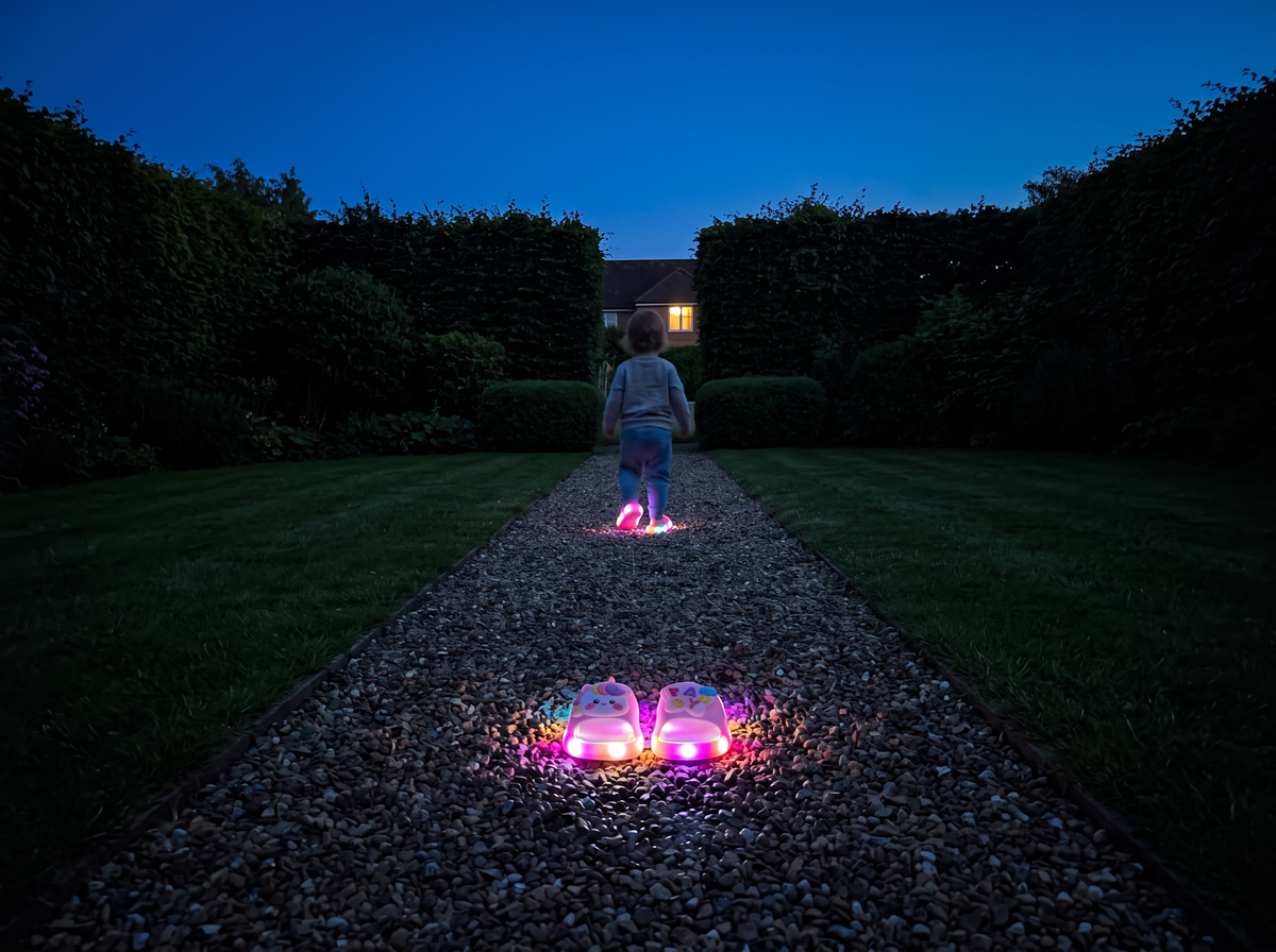 A child walking away down a garden path at dusk, the glowing soles visible from a distance