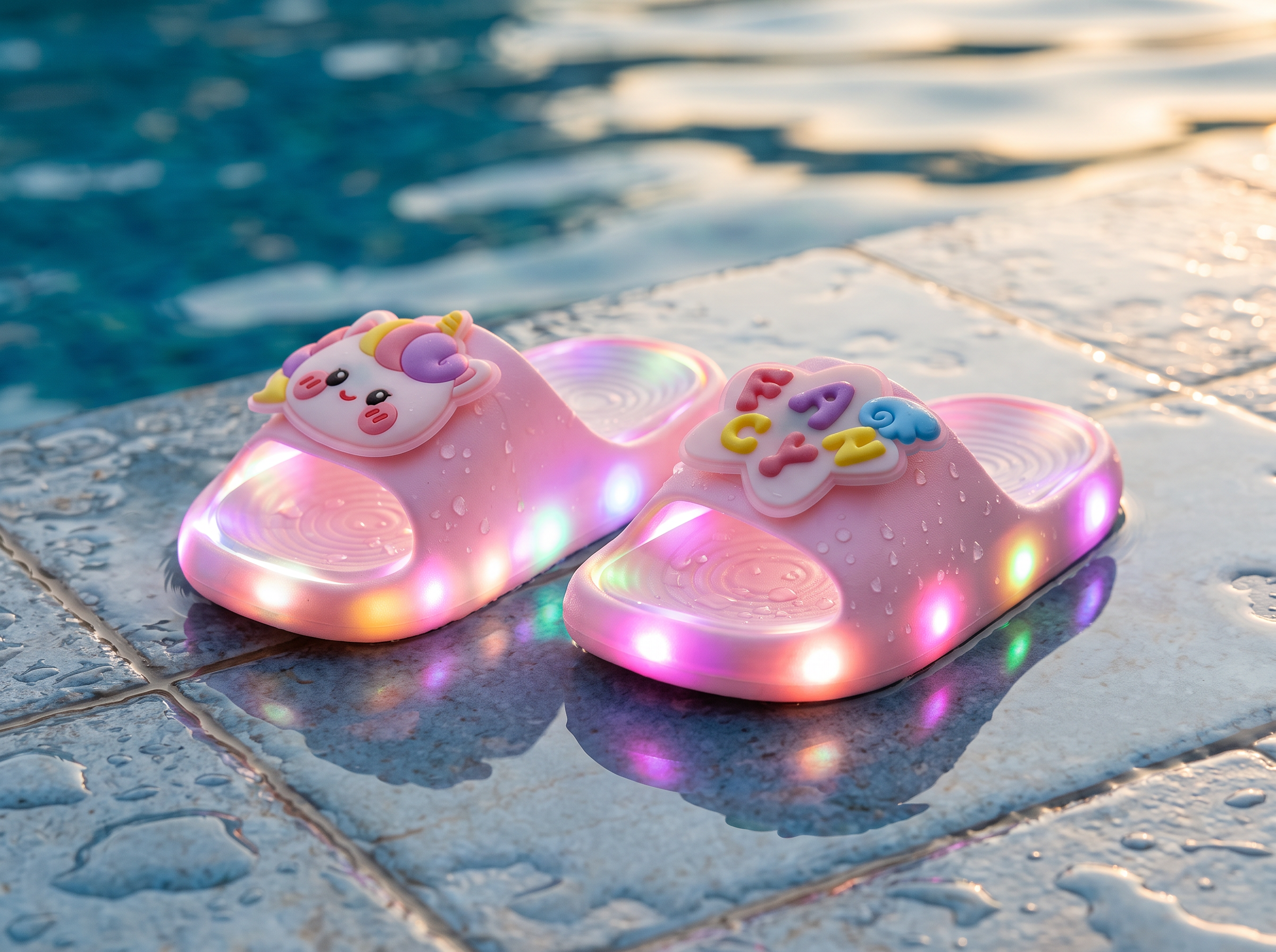A pair of STEPGLO slides on wet poolside tiles, water beaded on the foam, LEDs reflecting in the surface