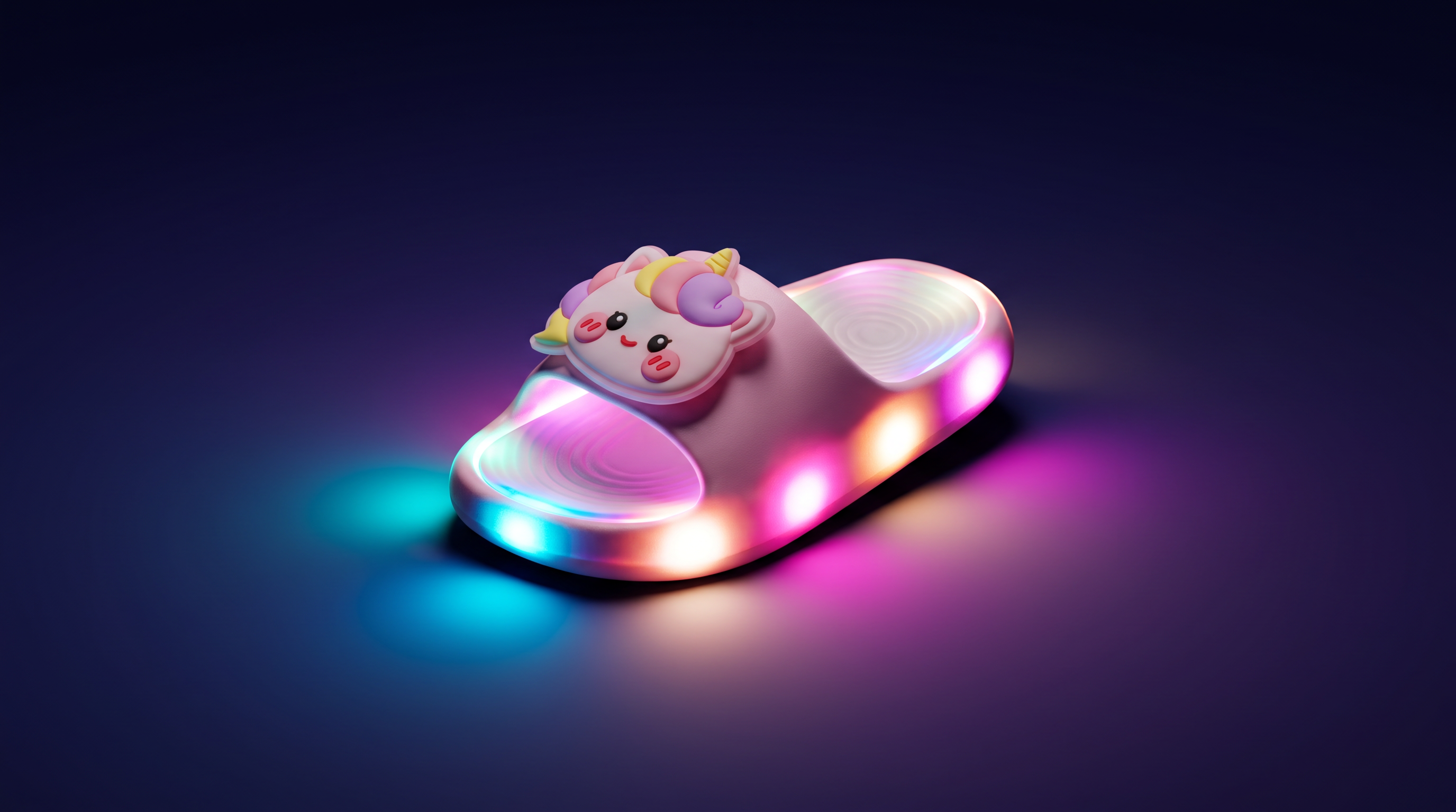 A single pink STEPGLO slide against a deep indigo background, its full perimeter LED ring blazing cyan and magenta