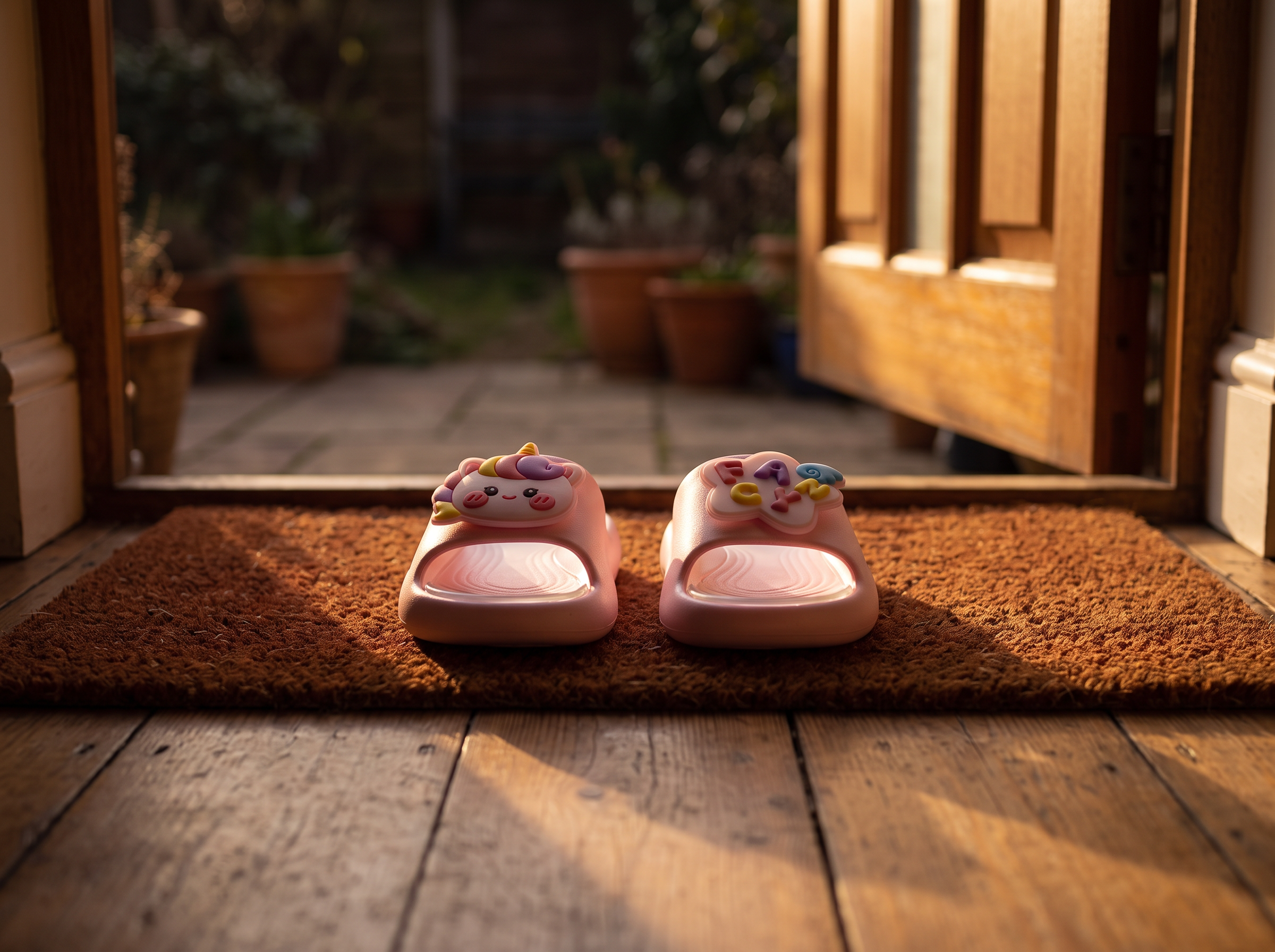 A pair of STEPGLO slides sitting unworn on a doormat by a back door in warm evening light