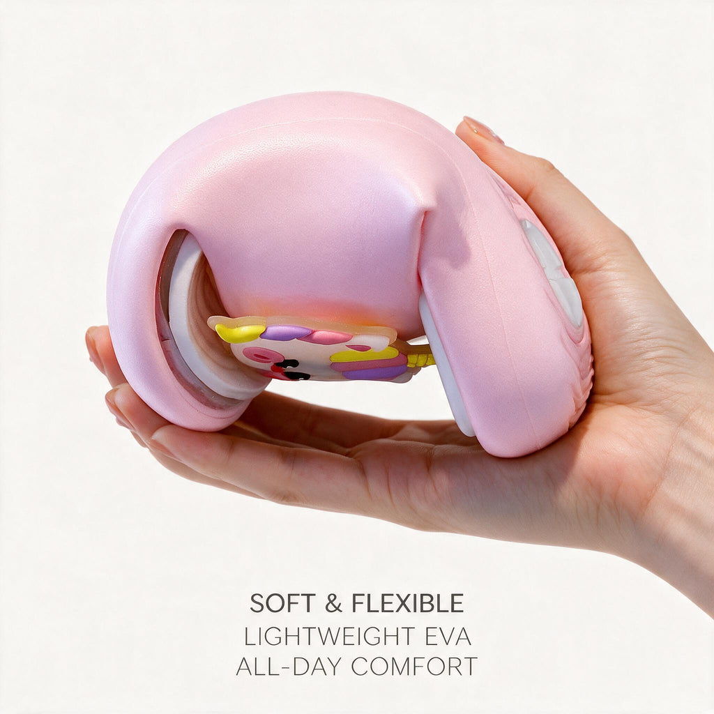 A hand bending a pink STEPGLO slide almost in half to show how flexible the foam is. Caption on the image: Soft and flexible, lightweight EVA, all-day comfort.