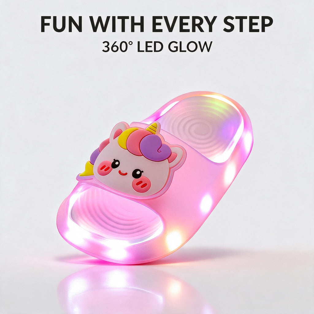 A single pink STEPGLO slide on a white background with LEDs lit right around the sole. Caption on the image: Fun with every step, 360 degree LED glow.