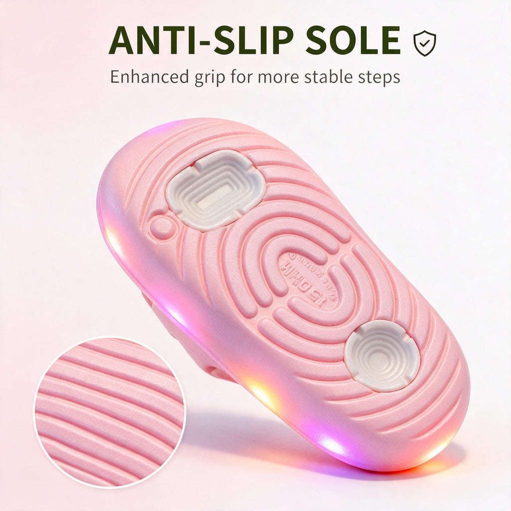 The underside of a pink STEPGLO slide showing curved tread and two raised grip pads, with a close-up inset of the ridges. Caption on the image: Anti-slip sole, enhanced grip for more stable steps.