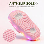 The underside of a pink STEPGLO slide showing curved tread and two raised grip pads, with a close-up inset of the ridges. Caption on the image: Anti-slip sole, enhanced grip for more stable steps.