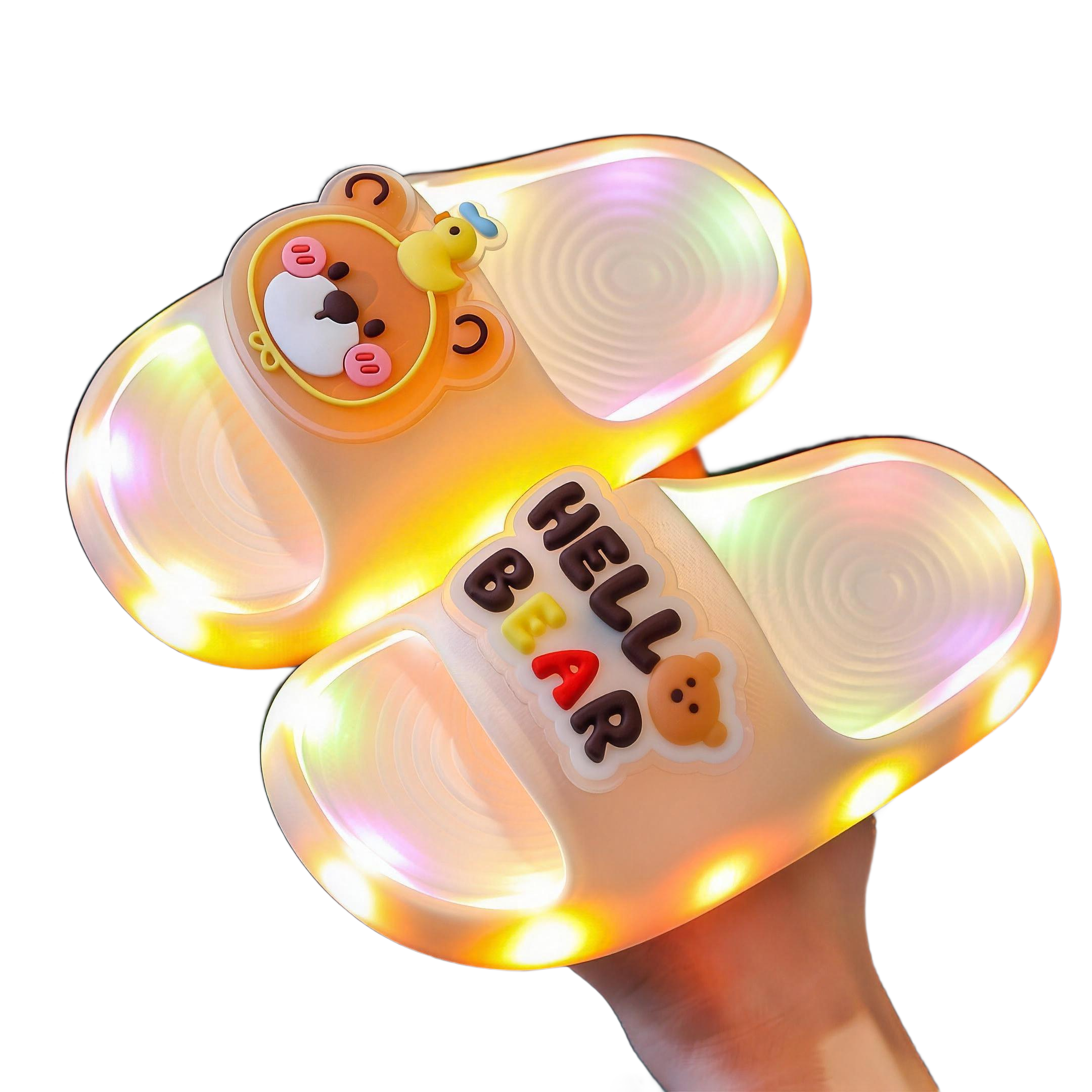 Jade STEPGLO slides with a bear on the strap, LEDs lit