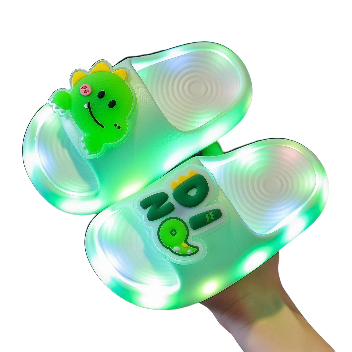 Green STEPGLO slides with a dinosaur on the strap, LEDs lit