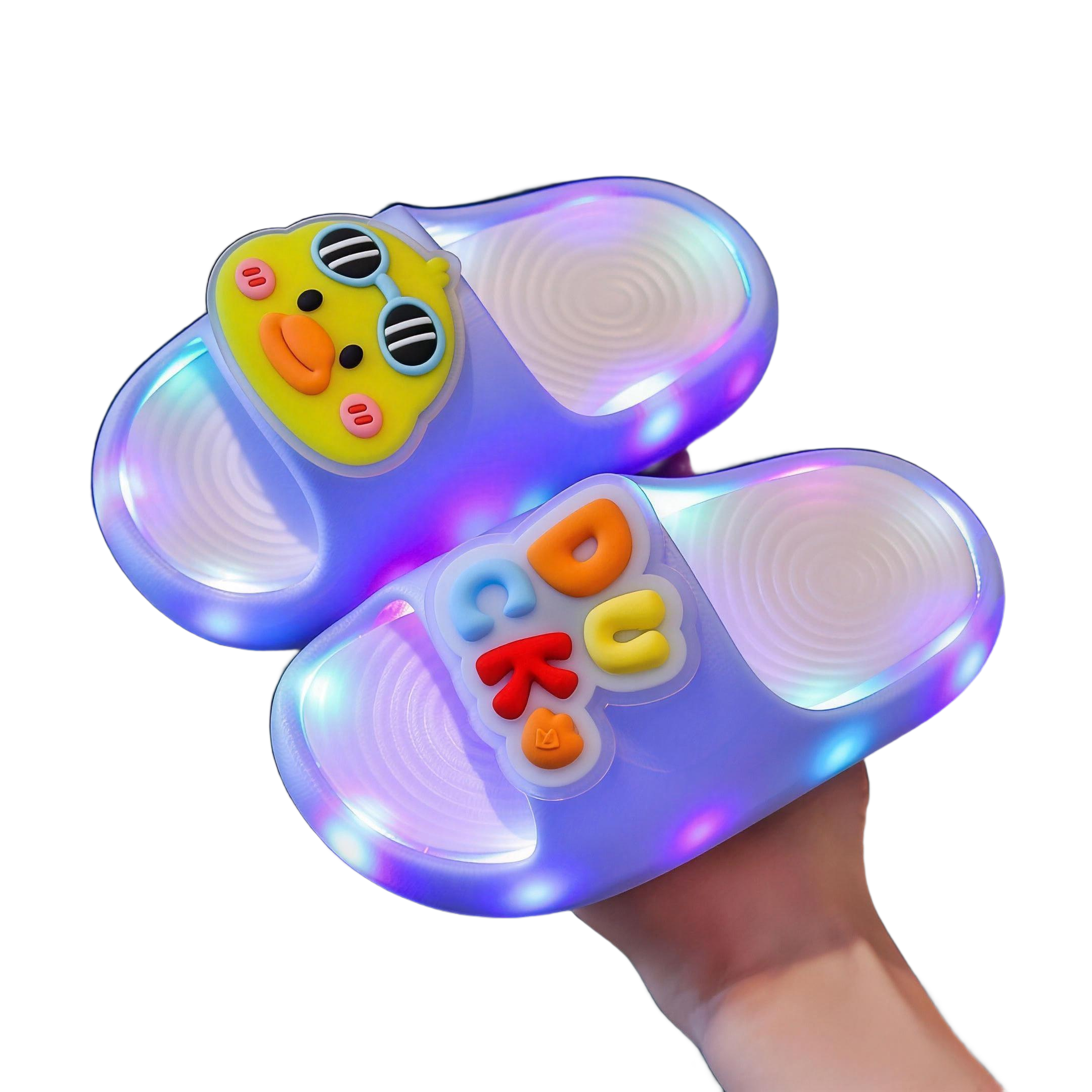 Sky blue STEPGLO slides with a duck on the strap, LEDs lit