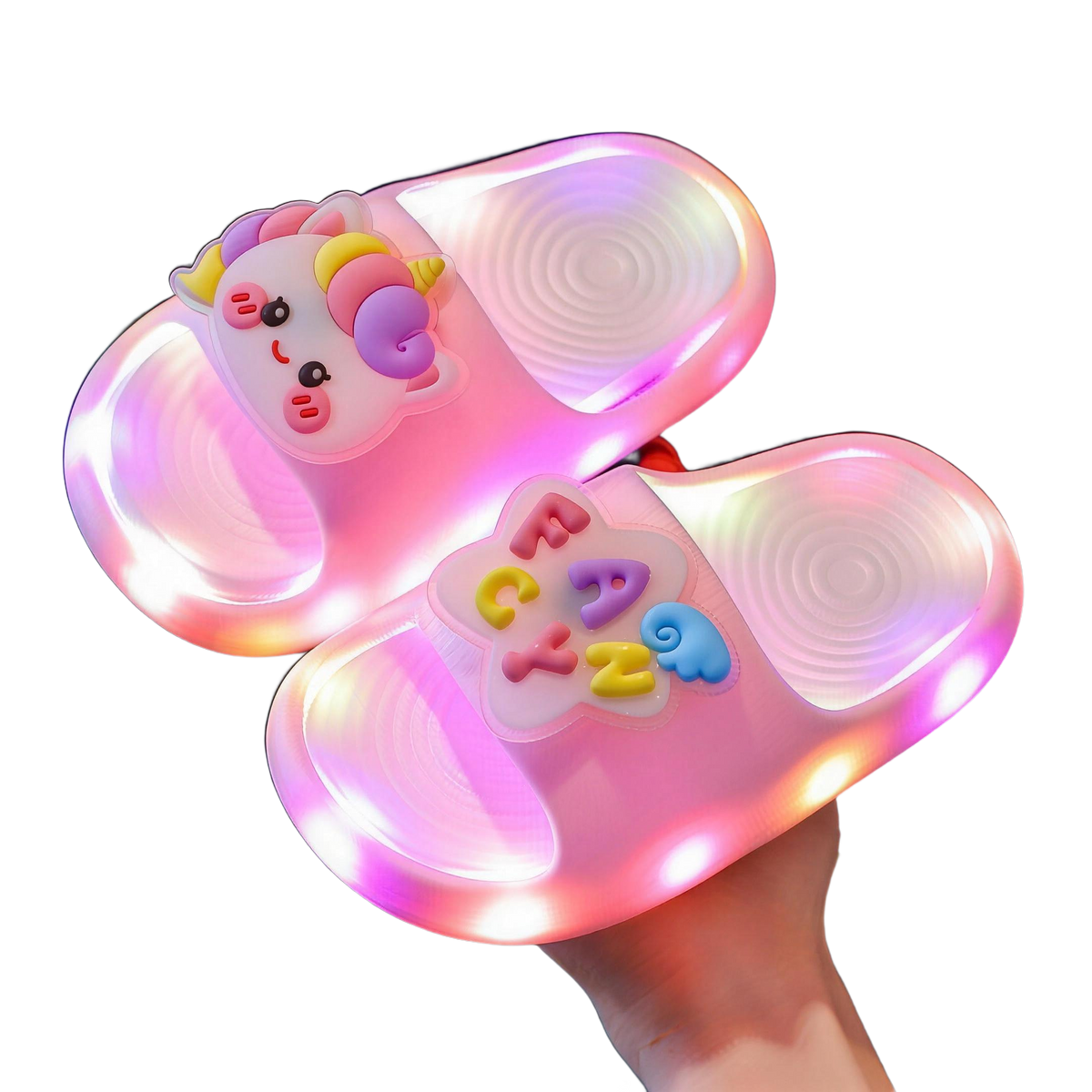 Pink STEPGLO slides with a unicorn on the strap, LEDs lit